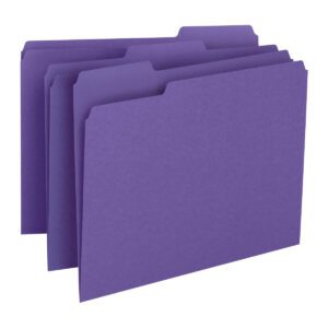 A set of four purple Smead file folders (13043) with 1/3-cut tabs are neatly staggered to the right. These empty, letter-size folders feature a smooth matte finish, and come 100 per box.