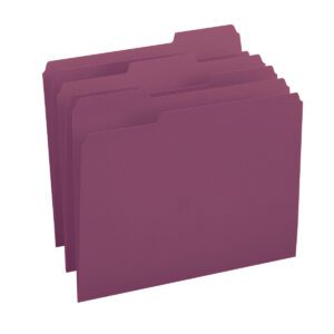 The Smead File Folder, 1/3-Cut Tab, Letter Size in maroon, made of sturdy cardstock and sold 100 per box (13093), offers durable essentials for any office setup. Four stand upright and slightly fanned out to streamline organization.