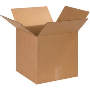 An open MH-USA 13 x 13 x 13 corrugated box (25/Bundle), with flaps extended, showcases its sturdy construction in brown cardboard and sits empty against a plain white background.