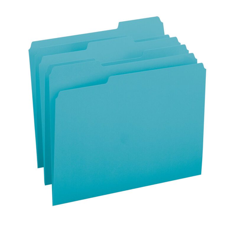 A set of four teal Smead File Folders with 1/3-Cut Tabs stands upright, showcasing their design. Sold in vibrant packs of 100 (13143), they promise to organize your workspace with effortless style and efficiency.