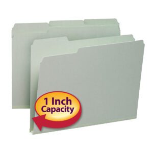 The image displays two overlapping Smead Pressboard File Folders with 1/3-Cut Tabs in gray/green. A red and yellow label highlights the letter-size, 1 expansion folders, marked 1 Inch Capacity. They are perfectly organized and come 25 per box (13230).