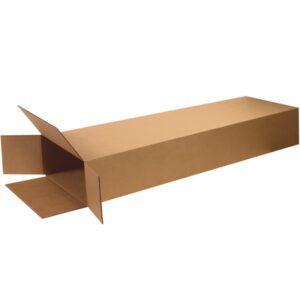 An empty MH-USA 13 x 3 x 30 Side Loading box from a 25-piece bundle, is unfolded and open at one end on a white background, highlighting its rectangular form.