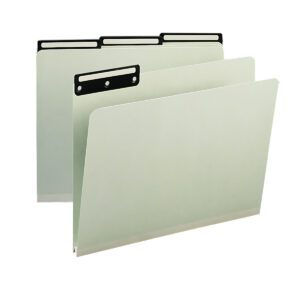 Two Smead Pressboard File Folders, 1/3-cut tab flat metal, with a 1 expansion in gray/green, stand upright in a staggered manner with one partially behind the other.
