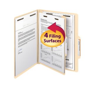 The Smead Classification File Folder, Manila, with 1 divider and 2 expansion, reveals several documents inside. A red and yellow arrow emphasizes 4 Filing Surfaces, highlighting its letter-size capacity for efficient paper organization.