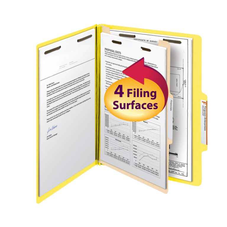 13704_C1.jpg A Smead Classification File Folder (Yellow, 1 Divider) with 2 expansion displays organized documents. Its open design highlights the 4 Filing Surfaces graphic and visible tabs for easy access.