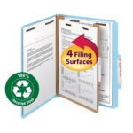 The Smead 100% Recycled Pressboard Classification File Folder features 1 divider and 4 filing surfaces, underscoring its eco-friendliness with 100% Recycled Stock. Its available in blue, letter size, with a 2 expansion, and comes in packs of 10 per box (13721).