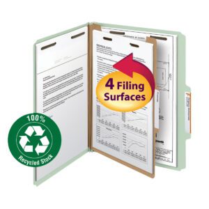 The Smead 100% Recycled Pressboard Classification File Folder in Gray/Green features 4 Filing Surfaces and a recycling symbol sticker reading 100% Recycled Stock. It has labeled tabs and is sold in boxes of 10 (13723), with 1 divider and a 2 expansion, letter size.