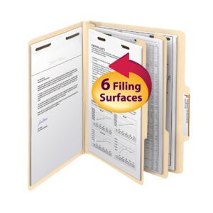The Smead Classification File Folder (14000) features 2 beige dividers for letter-sized papers with a label indicating 6 Filing Surfaces. It expands 2 inches and is sold as 10 per box, ideal for efficient file management.