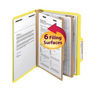 The Smead Classification File Folder, featuring a 2 expansion and letter size sections, is open with neatly inserted documents. A circular label reads 6 Filing Surfaces, highlighted by multiple sections and 2 dividers.