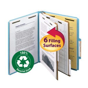 The Smead 100% Recycled Pressboard Classification File Folder in blue, letter size, features 2 dividers and offers ample storage with its 2” expansion and 6 filing surfaces. It comes with a green 100% Recycled Stock badge and is sold as a box of 10 (14021).