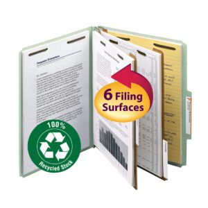 The Smead 100% Recycled Pressboard Classification File Folder, letter size, in gray/green, features an adaptable design with two dividers and a 2 expansion. A circular badge highlights 100% Recycled Stock, and a yellow arrow points to the six filing surfaces. Comes in boxes of 10 (14023).