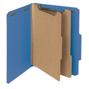 The Smead 100% Recycled Pressboard Classification File Folder, featuring 2 dividers and a 2 expansion, is perfectly sized for letter documents. In dark blue with secure fasteners, its sold 10 per box (14062), making it ideal for expert paper organization.