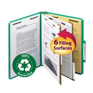 The Smead 100% Recycled Pressboard Classification File Folder, with 2 dividers and a 2 expansion, features 100% Recycled Stock, 6 Filing Surfaces, tabs, and space for documents, text, graphs, and charts. Available in green letter size in a box of 10 (14063).