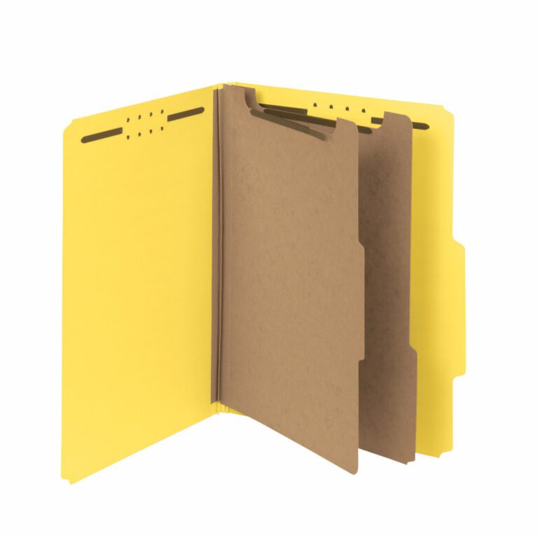 The Smead 100% Recycled Pressboard Classification File Folder in yellow holds letter-size documents with a 2 expansion for extra capacity. It features two brown dividers and slots for securing papers. Sold in sets of 10 per box (14064), its perfect for organizing your workspace.