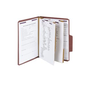 The Smead SuperTab Classification File Folder, with oversized tabs and SafeSHIELD Fasteners, comes in red. It features 2 dividers and a 2 expansion, accommodating multiple sections and sheets of paper, against a plain white background.