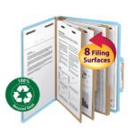 The Smead 100% Recycled Pressboard Classification File Folder (14090) features multiple sections, ideal for organizing paperwork, with a green symbol for 100% Recycled Stock and a red-yellow arrow indicating 8 Filing Surfaces. Each box includes 10 letter-size blue folders with 3 dividers and 3 expansion.