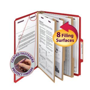 The bright red Smead Pressboard Classification File Folder (14095) features multiple tabbed sections and SafeSHIELD® fasteners, offering 8 filing surfaces, 3 dividers, 3 expansion, and finger protection.
