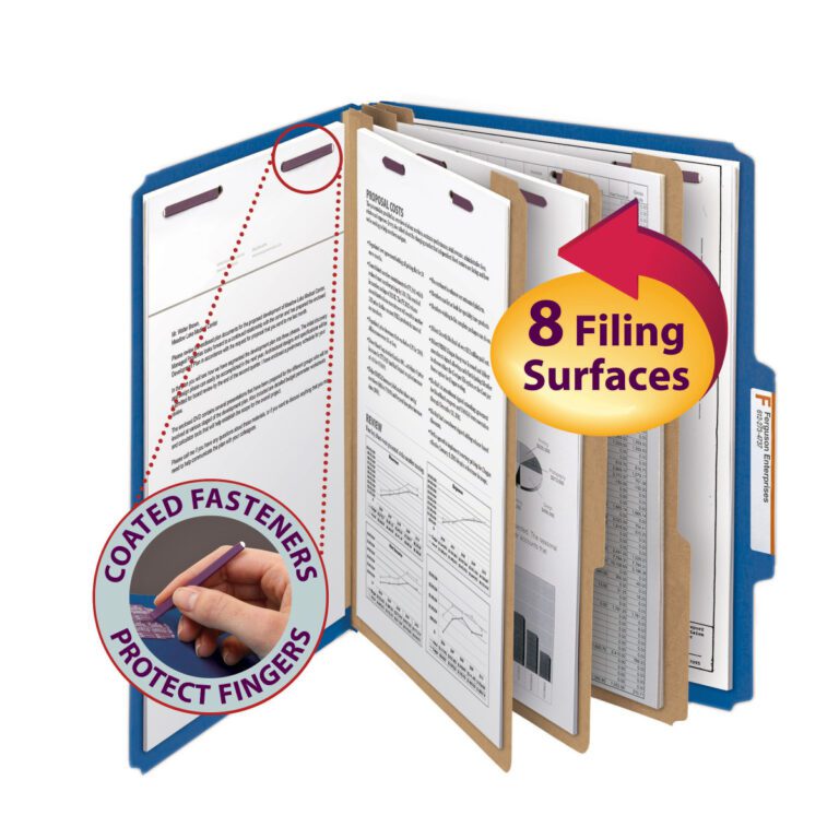 The Smead Pressboard Classification File Folder (14096) in Dark Blue features 3 dividers and SafeSHIELD Fasteners with finger protection, offering 8 filing surfaces. Its letter-sized, expands to 3 inches, and is available in boxes of 10.