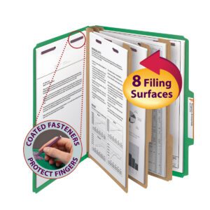 The Smead Pressboard Classification File Folder with SafeSHIELD Fasteners features 3 dividers for documents, a hand highlighting the coated fasteners with Coated Fasteners Protect Fingers and a bold arrow stating 8 Filing Surfaces. Its letter-sized, green, with 3 expansion, and comes 10 per box (14097).