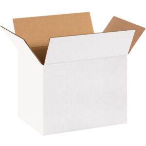 A white cardboard box with brown interior flaps stands upright on a plain background, part of the MH-USA 14 x 10 x 10 White Corrugated Boxes (25/Bundle).
