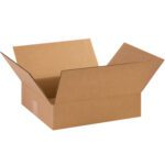 A flat MH-USA 14 3/8 x 12 1/2 x 3 1/2 corrugated box from a bundle of 25 is open with flaps spread outward, sitting empty against a white background.