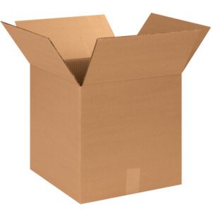 An open, empty MH-USA 14 x 14 x 14 corrugated box with flaps spread outward, made from brown cardboard, sits on a pristine white background.