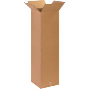 The MH-USA 14 x 14 x 48 Tall Corrugated Box, available in bundles of 10, is brown and rectangular with the top flaps open, ideal for vertically oriented storage needs with its spacious interior.