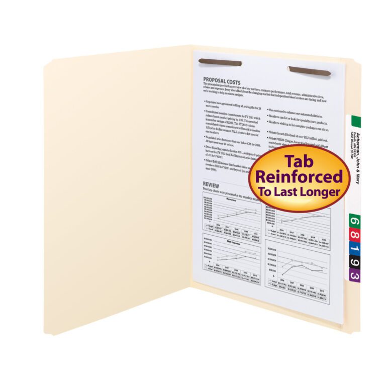 A Smead Fastener File Folder (14510) with a reinforced straight-cut tab holding charts and text is visible. The colored tabs are numbered 6, 8, 1, 9, and 3, featuring a Tab Reinforced To Last Longer sticker. Each box contains 50 manila letter-size folders.