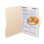 A beige Smead Fastener File Folder (14534) with a Proposal Costs document inside has text and charts. The manila folder features a red sticker stating Reinforced 1/3-Cut Tab To Last Longer. Part of a 50-pack, it includes one fastener and two top tabs for efficiency.