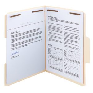 An open Smead SuperTab Fastener File Folder displays two letter-size pages, one with a signed letter, the other titled Proposal Costs and Review, featuring text and charts. Metal fasteners secure the pages, while an oversized reinforced 1/3-cut tab allows for easy labeling.