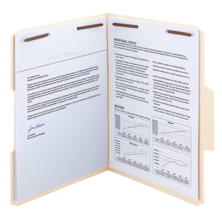An open Smead SuperTab Fastener File Folder displays two letter-size pages, one with a signed letter, the other titled Proposal Costs and Review, featuring text and charts. Metal fasteners secure the pages, while an oversized reinforced 1/3-cut tab allows for easy labeling.