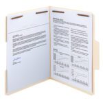 The Smead SuperTab Heavyweight Fastener File Folder securely holds printed text and graphs with two fasteners. One section is signed, detailing a proposal with cost and review sections neatly organized on the right-hand side.