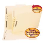 Smead Fastener File Folders are showcased with reinforced 2/5-cut tabs right of center for durability and straight-line filing. Guide-height and partially open to highlight their design, each box contains 50 folders (14580) for organizational needs.