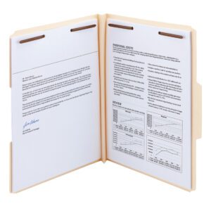 The Smead Fastener File Folder, featuring a reinforced 1/3-cut tab and 1-1/2 expansion, holds letter-size documents with text, graphs, and tables. Each left page includes a blue signature at the bottom. The folder stands open on a white background.