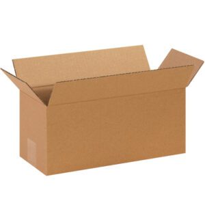 A MH-USA 14 x 6 x 6 long corrugated box, from a bundle of 25, is open with partially extended flaps against a white background, ready for versatile use.