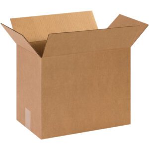 The MH-USA 14 1/2 x 8 3/4 x 12 corrugated box, with flaps slightly folded outward, is positioned against a white background. This classic design, ideal for shipping and storage, comes in bundles of 25.