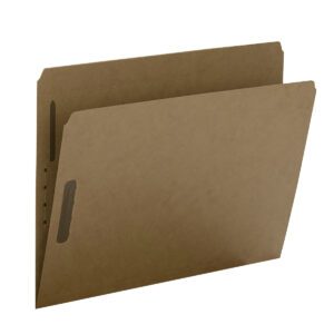 A Smead Fastener File Folder with 2 fasteners and a reinforced straight-cut tab at the top edge, showcasing its plain, textured Kraft surface against a white background.