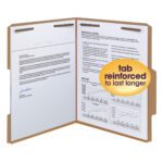 A Smead Fastener File Folder containing two documents with fasteners is shown: left holds a signed letter; right, text with tables and graphs. A yellow sticker reads reinforced tab to last longer. Packaged 50 per box (Product #14880).