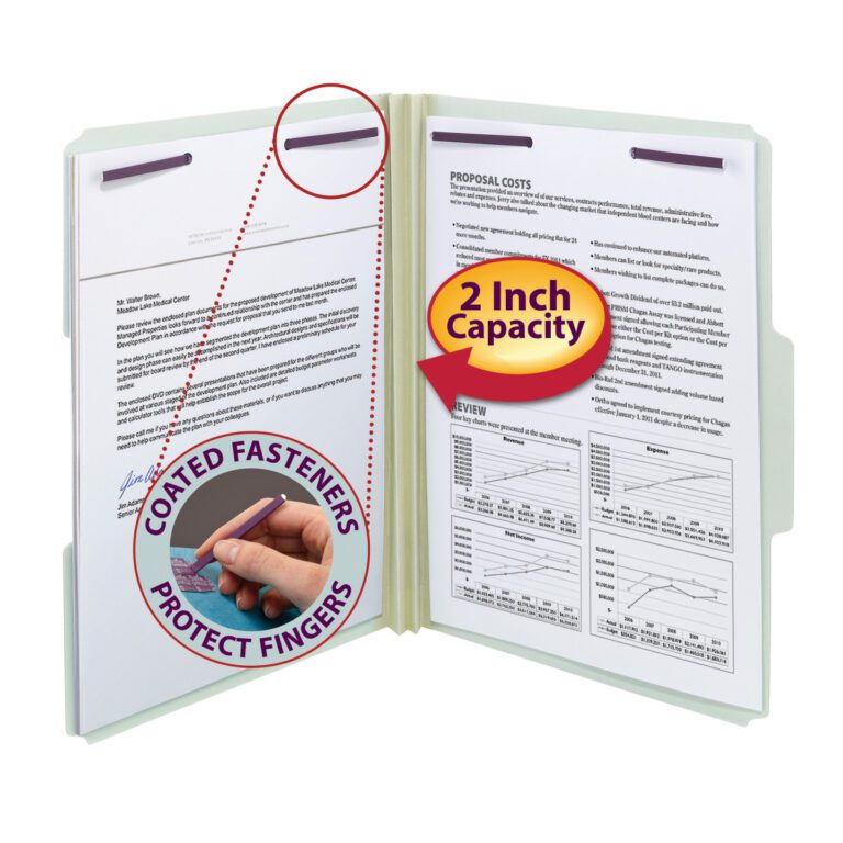 14934_C1.jpg An open Smead Pressboard File Folder with SafeSHIELD® Fasteners shows documents, charts, and text, featuring Coated Fasteners Protect Fingers. It has a 1/3-Cut Tab for easy organization and labels Letter Size, 2 Inch Capacity, with gray/green colors (14934).