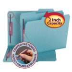 The Smead Pressboard Fastener File Folder with SafeSHIELD™ Fasteners, featuring 2 expansion and visible coated fasteners, is shown with a circular inset captioned Coated Fasteners Protect Fingers & Documents. A red arrow highlights the 2 Inch Capacity, ideal for letter-size documents.