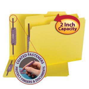 The Smead Pressboard Fastener File Folder in yellow, featuring SafeSHIELD® Fasteners and a 2 capacity, is displayed. A close-up inset shows a hand using a pen to release the fasteners, emphasizing finger and document protection.