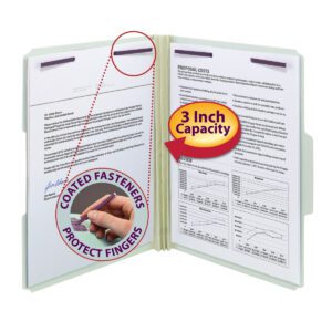 An open Smead Pressboard Fastener File Folder with SafeSHIELD? Fasteners reveals documents, including charts and graphs. Coated Fasteners Protect Fingers is highlighted with a 3 Inch Capacity badge. The gray/green folder has columns of text and tables. Includes 2 fasteners, 25 per box (14944).