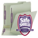 A Smead Pressboard Fastener File Folder with SafeSHIELD Fasteners, featuring gray/green surfaces and purple fasteners, is open. It displays an emblem with Safe Shield Coated Fasteners Patent Pending. This 2/5 Tab ROC Position folder, guide height, comes in a box of 25 (14980).
