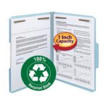 The Smead 100% Recycled Pressboard Fastener File Folder (15000) features 1 expansion for letter-size documents, comes in blue, and is packaged 25 per box. It highlights eco-friendliness with 100% Recycled Stock and includes two fasteners.