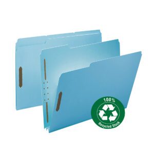 Three Smead 100% Recycled Pressboard Fastener File Folders, each featuring a 1/3-cut tab and a 2 expansion, are partially overlapping. A green circle with a white recycling symbol states 100% Recycled Stock on the lower right against a plain white background.