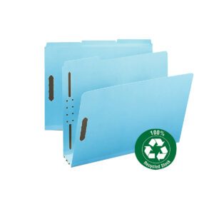 Two light blue Smead 100% Recycled Pressboard Fastener File Folders with a 1/3-cut tab are open and slightly overlapping. A green circular badge in the bottom-right corner displays a white recycling symbol with the text 100% Recycled Stock.