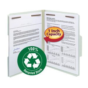 Discover the Smead 100% Recycled Pressboard Fastener File Folder, letter-size with a 1 expansion. Its gray/green design complements the recycling symbol, organizing while promoting sustainability with 100% recycled stock.