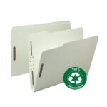 Featured are two Smead 100% Recycled Pressboard Fastener File Folders in light green. One folder, with a 1/3-cut tab, is open to reveal a prong fastener inside. The front folder displays a recycling symbol with 100% Recycled Stock, enhancing its eco-friendly appeal.
