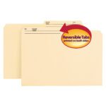 Two Smead Reversible Manila Legal Size File Folders with 1/2-cut right printed tabs feature Name and No. labeling spaces. The images red and yellow label highlights their reversible design. Product: Smead File Folder (15145), Box of 100.