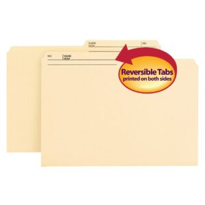 Two Smead Reversible Manila Legal Size File Folders with 1/2-cut right printed tabs feature Name and No. labeling spaces. The images red and yellow label highlights their reversible design. Product: Smead File Folder (15145), Box of 100.